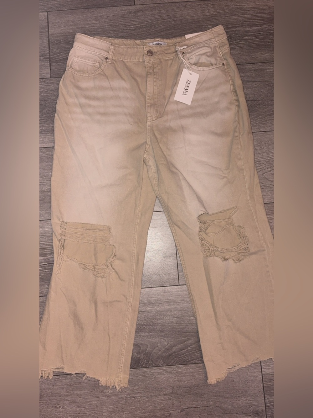 Zenana Women’s Cropped High Rise Jeans Beige Khaki Plus Size 32 distressed New!